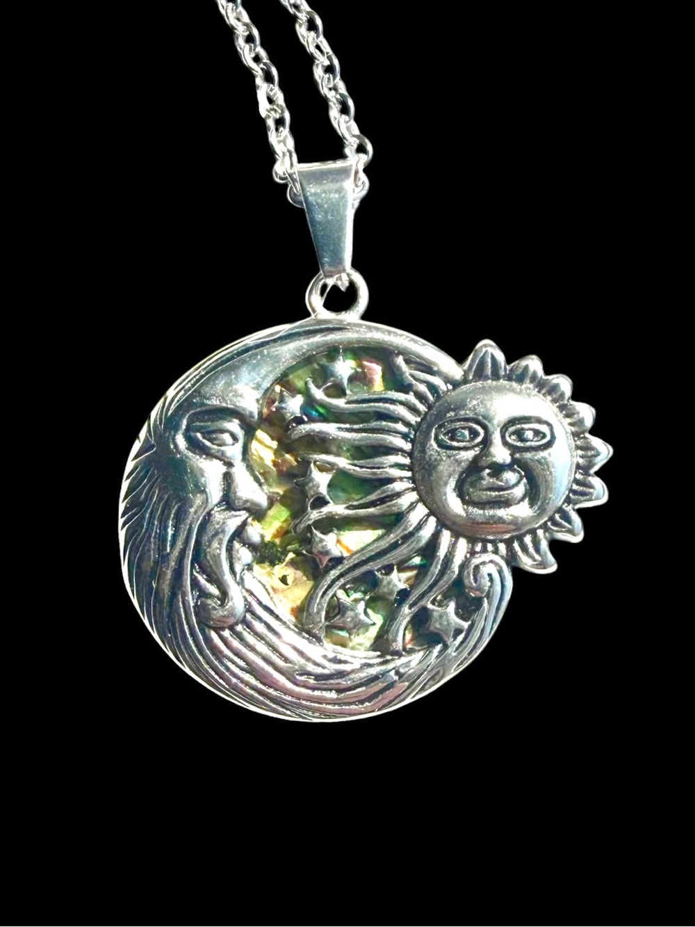 Celestial Sun and Moon Pendant Necklace with Abalone Shell Background Stainless